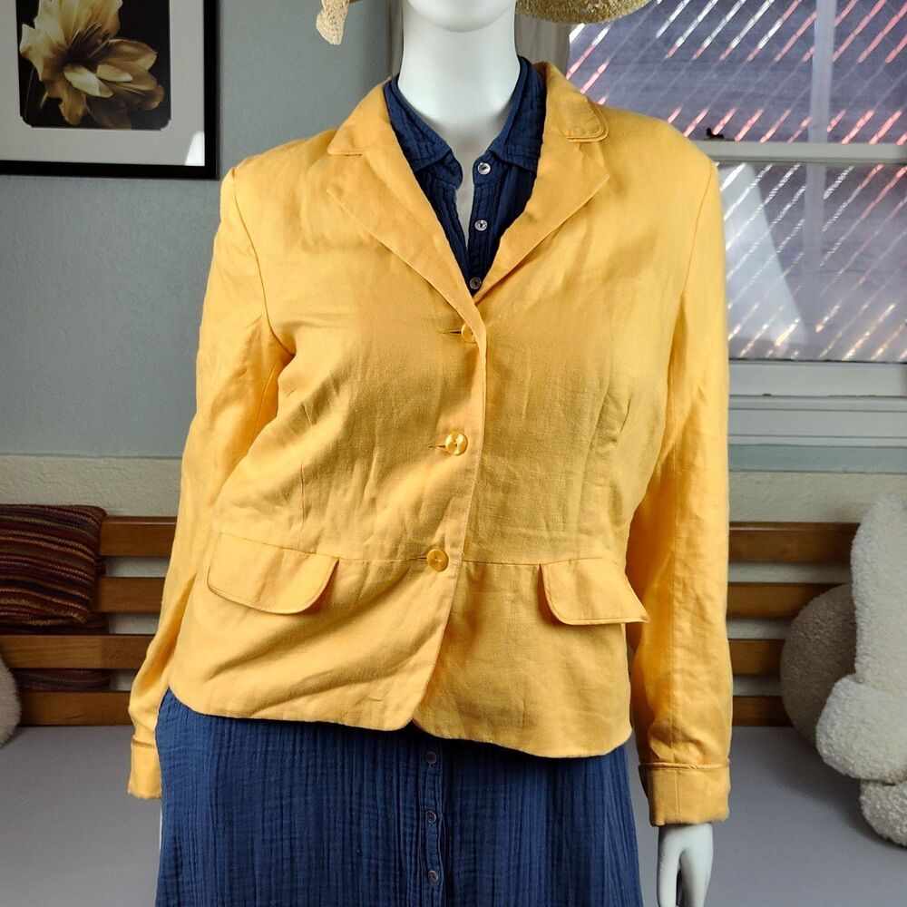 Old Navy 100% Linen Blazer Jacket Women's XL Deep Yellow Pockets Summer Academia